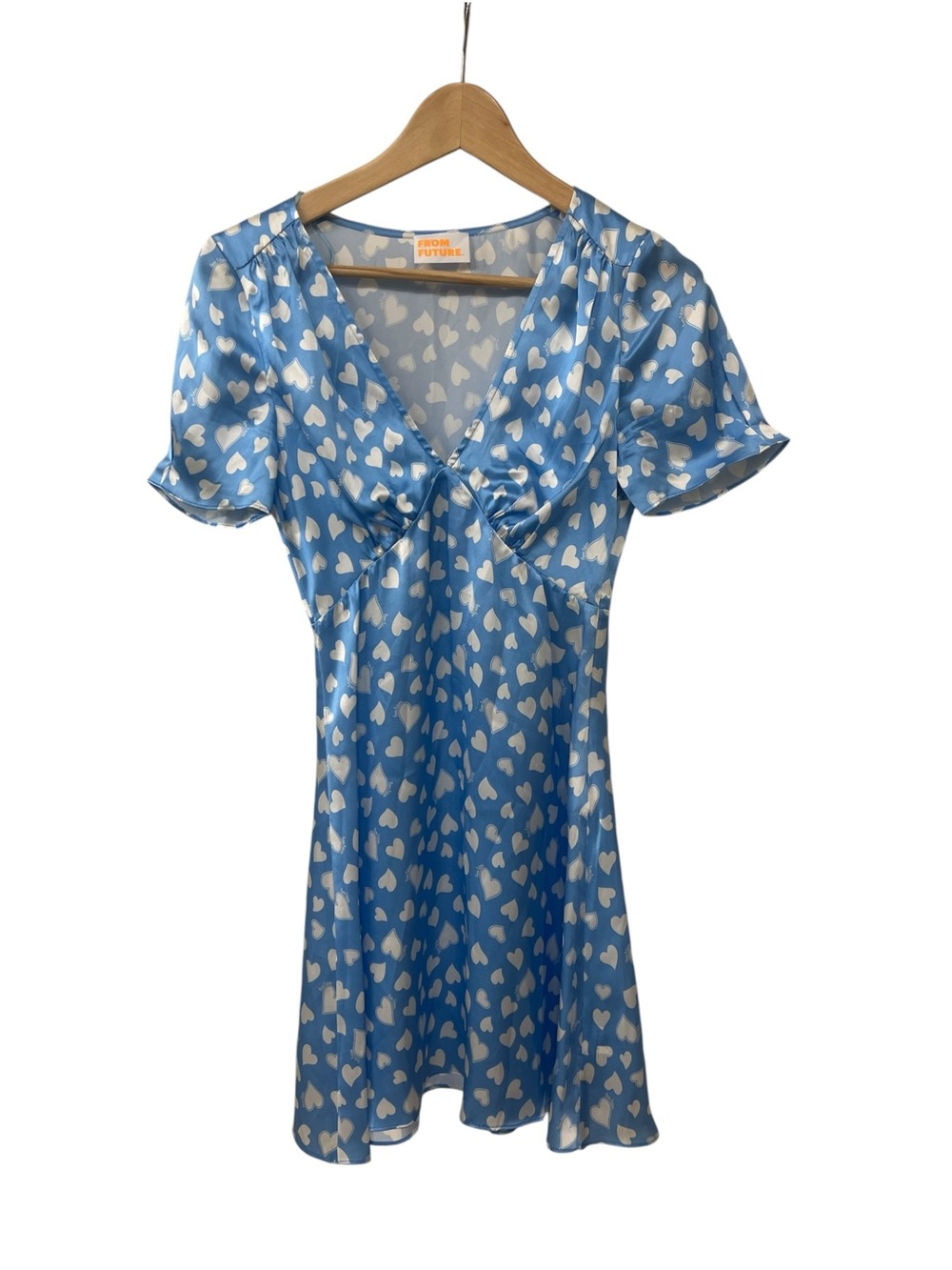 From Future Blue White Hearts Silk V Neck Dress 34
